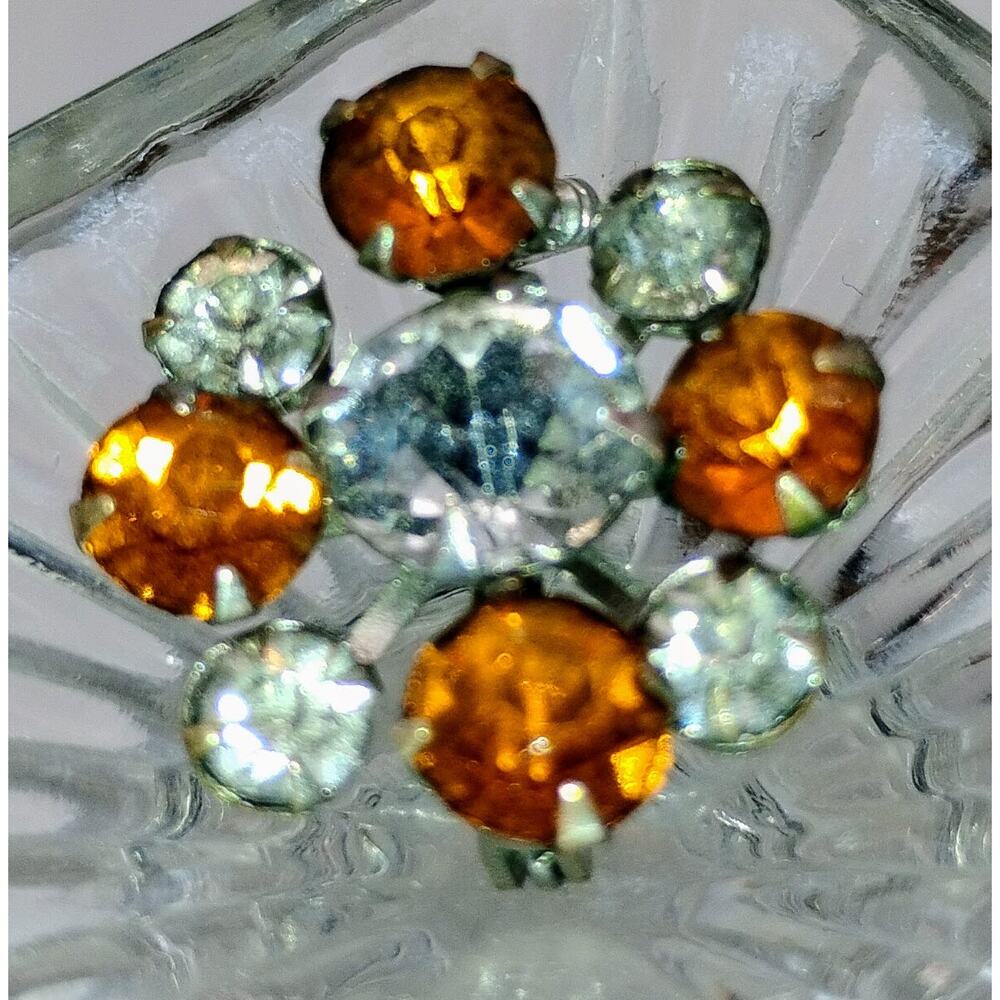 Vintage Amber & Clear Rhinestone Flower Brooch Silver Tone Pin